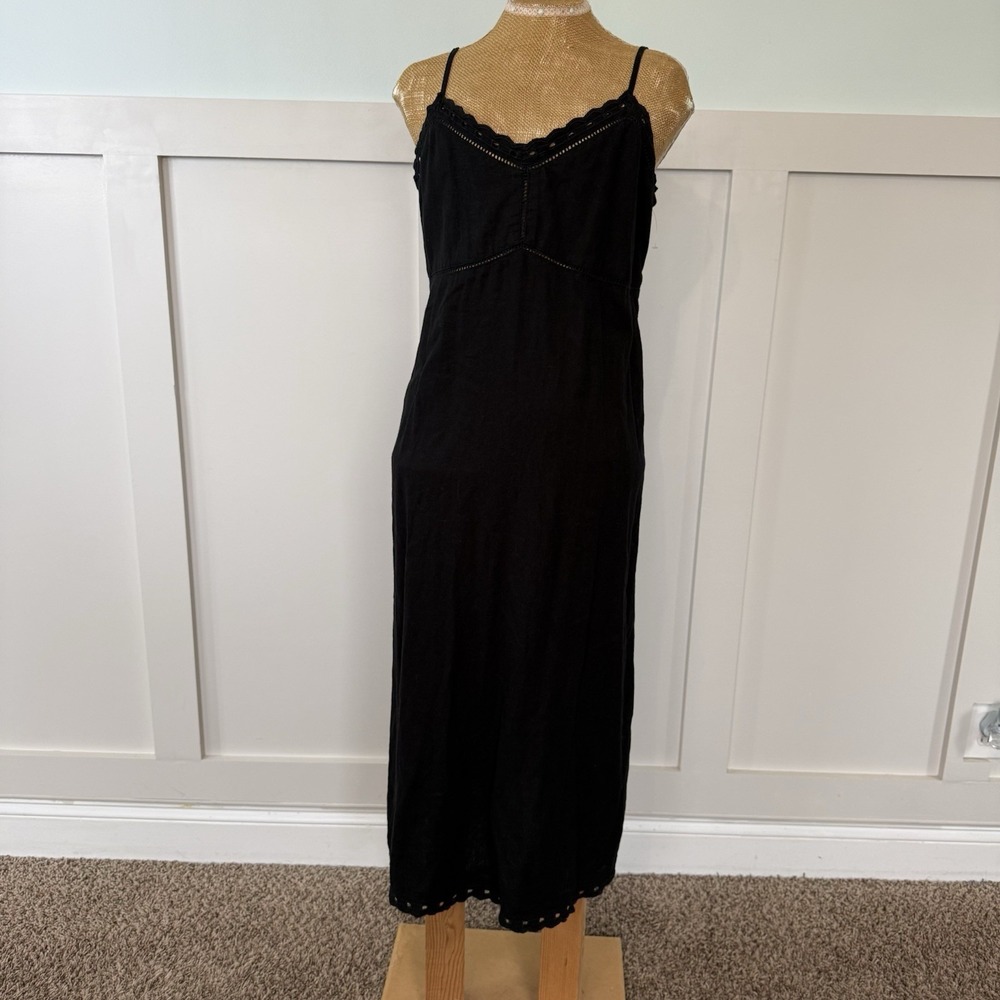 Old Navy Linen Blend Sundress Dress LARGE Black Cami Eyelet Cut Out Trim Classic